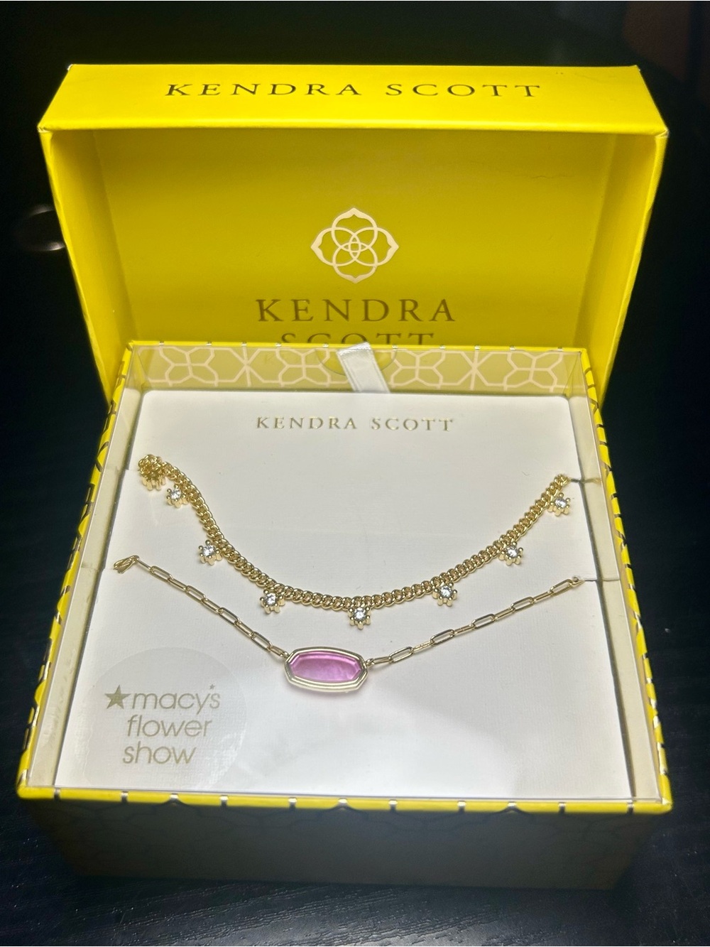 NWT Kendra Scott 2‑Piece Necklace Set – Pink stone/ Gold Tone – With Box